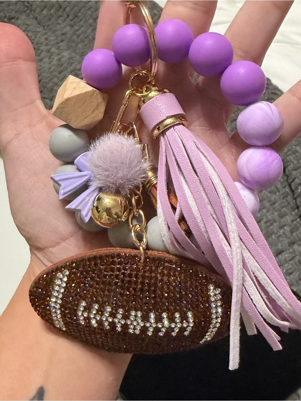 Purple Beaded Tassel Keychain Wristlet with Football Charm